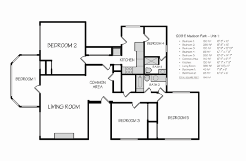 Floor plan for 5 beds, 2 baths, 1300 sqft